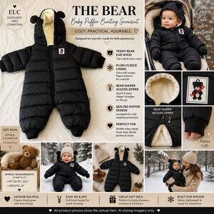 Baby Bear Hooded Puffer Bunting Snowsuit Black Fleece Lined Diaper Zip EUC 6-9M